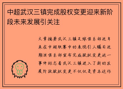 中超武汉三镇完成股权变更迎来新阶段未来发展引关注
